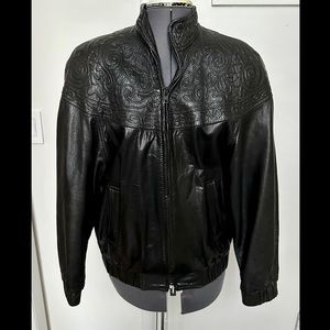 VINTAGE 1980s VAKKO NEIMAN MARCUS BLACK LEATHER EMBROIDERED BOMBER JACKET M EUC